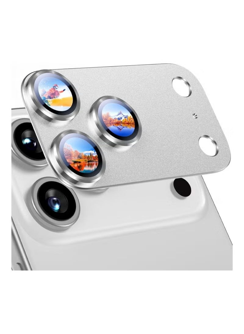 واقي عدسة كاميرا آيفون 17 برو، مُحسّن، قوي الالتصاق، مصنوع من سبيكة معدنية وزجاج مقوى، واقي شاشة الكاميرا الخلفية، غطاء مقاوم للكسر، ملحقات فضية اللون - Image 1